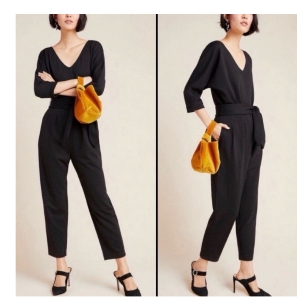 Anthropologie Sutton Ponte Black V-Neck Belted Knit Jumpsuit Size M Pocketed